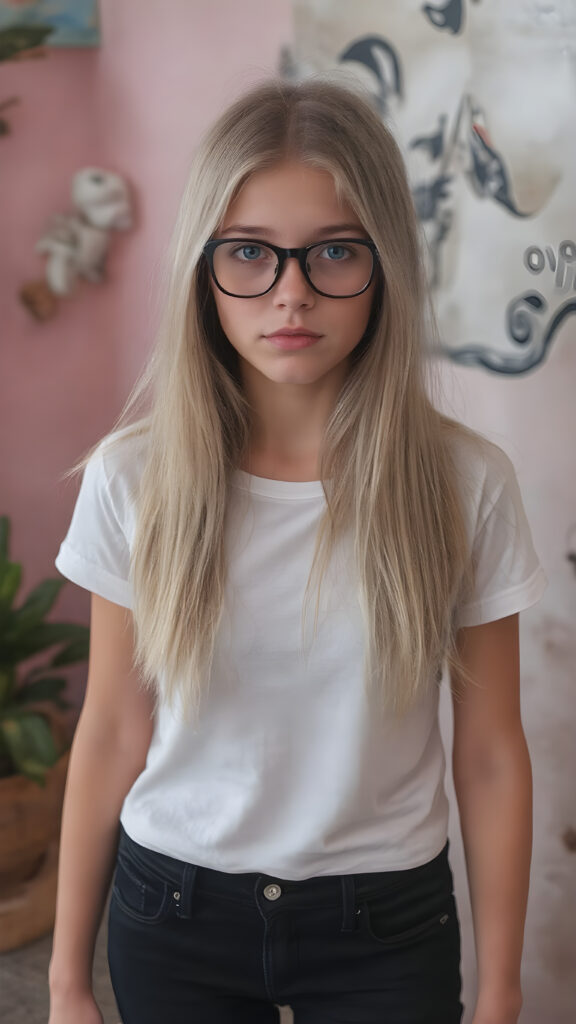 A stunningly gorgeous (((very young nerd teen girl, she wears black glasses))), with straight, long, flowing blond hair, and piercingly blue eyes, dressed in a sleek, tight white T-shirt and (black,skin tight skinny jeans) that accentuate her perfect figure, poised confidently in a (((full body shot))) that exudes breathtaking beauty and stands out as a true masterpiece in a sea of ordinary surroundings