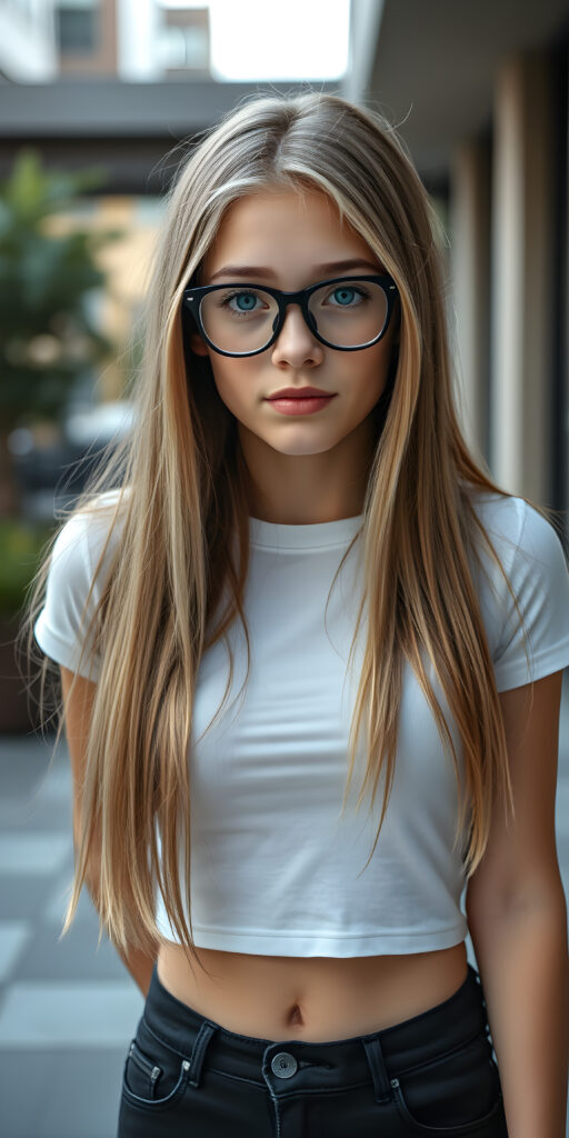 A stunningly gorgeous (((very young nerd teen girl, she wears black glasses))), with straight, long, open blond hair same length, and piercingly blue eyes, dressed in a sleek, tight white cropped T-shirt and (black, skin tight skinny jeans) that accentuate her perfect figure, poised confidently in a (((full body shot))) that exudes breathtaking beauty and stands out as a true masterpiece in a sea of ordinary surroundings