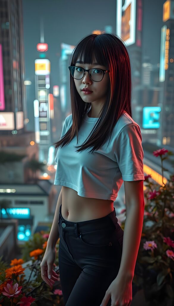 A stunningly gorgeous (((young well busty Korean nerd teen e-girl with straight, long, open black hair and light brown highlights, shoulder-length bob cut, piercingly blue eyes, wearing black glasses and a sleek, tight white cropped thin T-shirt paired with black skin-tight skinny jeans))), posing confidently in a futuristic, neon-lit cyberpunk cityscape. The scene is vibrant with holographic advertisements, creating a dynamic contrast to her classic style. She stands atop a rooftop garden filled with lush greenery and colorful flowers, looking effortlessly beautiful against the backdrop of towering skyscrapers illuminated by soft, ambient light. The composition emphasizes her perfect figure and radiant presence, capturing a harmonious blend of retro and modern aesthetics. Round dark belly button.
