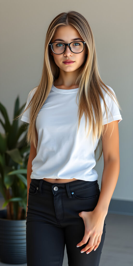 A stunningly gorgeous (((very young nerd teen girl, she wears black glasses))), with straight, long, open blond hair same length, and piercingly blue eyes, dressed in a sleek, tight white cropped T-shirt and (black, skin tight skinny jeans) that accentuate her perfect figure, poised confidently in a (((full body shot))) that exudes breathtaking beauty and stands out as a true masterpiece in a sea of ordinary surroundings