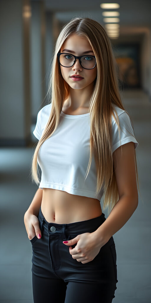 A stunningly gorgeous (((very young nerd teen girl, she wears black glasses))), with straight, long, open blond hair same length, and piercingly blue eyes, dressed in a sleek, tight white cropped T-shirt and (black, skin tight skinny jeans) that accentuate her perfect figure, poised confidently in a (((full body shot))) that exudes breathtaking beauty and stands out as a true masterpiece in a sea of ordinary surroundings