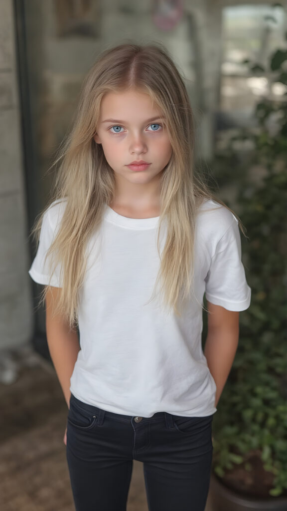 A stunningly gorgeous (((very young teen girl))), with straight, long, flowing blond hair, and piercingly blue eyes, dressed in a sleek, tight white T-shirt and (black,skin tight skinny jeans) that accentuate her perfect figure, poised confidently in a (((full body shot))) that exudes breathtaking beauty and stands out as a true masterpiece in a sea of ordinary surroundings