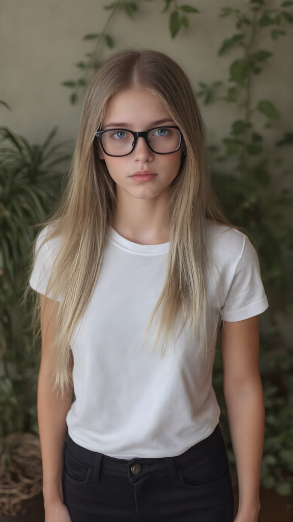 A stunningly gorgeous (((very young nerd teen girl, she wears black glasses))), with straight, long, flowing blond hair, and piercingly blue eyes, dressed in a sleek, tight white T-shirt and (black,skin tight skinny jeans) that accentuate her perfect figure, poised confidently in a (((full body shot))) that exudes breathtaking beauty and stands out as a true masterpiece in a sea of ordinary surroundings
