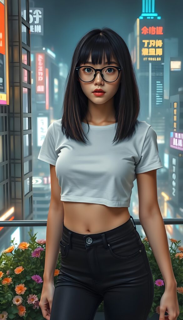 A stunningly gorgeous (((young well busty Korean nerd teen e-girl with straight, long, open black hair and light brown highlights, shoulder-length bob cut, piercingly blue eyes, wearing black glasses and a sleek, tight white cropped thin T-shirt paired with black skin-tight skinny jeans))), posing confidently in a futuristic, neon-lit cyberpunk cityscape. The scene is vibrant with holographic advertisements, creating a dynamic contrast to her classic style. She stands atop a rooftop garden filled with lush greenery and colorful flowers, looking effortlessly beautiful against the backdrop of towering skyscrapers illuminated by soft, ambient light. The composition emphasizes her perfect figure and radiant presence, capturing a harmonious blend of retro and modern aesthetics. Round dark belly button.