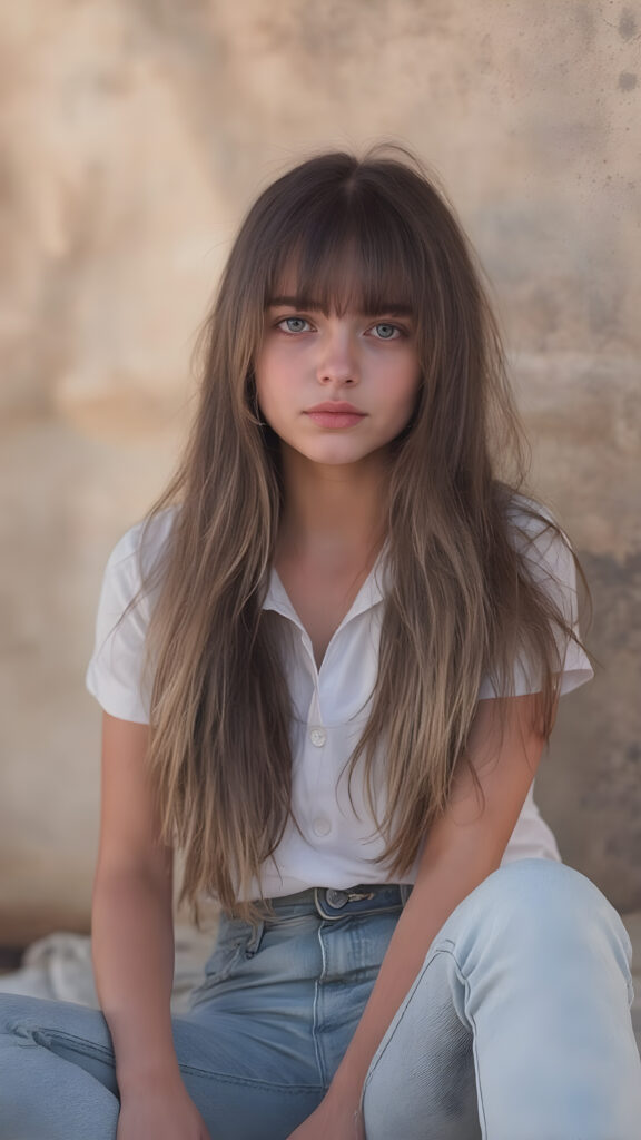 A stunningly realistic (((full body image))), capturing a beautifully detailed face with intricate patterns and textures. The scene is adorned with (((highly detailed bangs, crisp white shirt and jeans))), and a softly diffused (((muted sunset glow))) that adds a luxurious touch. The subject is a (((beautiful young attractive Exotic teen girl))) with a delicate (((smooth skin))), rosy cheeks, and (((adorable eyes))), paired with (((full length straight dark blond hair))), which flows elegantly around her face. She's posed in a (((sitting position))), with her feet poised gracefully on the ground, and her (((legs crossed))) softly diffused light highlights her (((skinny legs))), complemented by a (((tiny waist))) exuding a (((healthy youthful vibe))) with a ((multi-colored mix of greens, pinks, and purples)) hair that perfectly complements her advanced physical attributes.