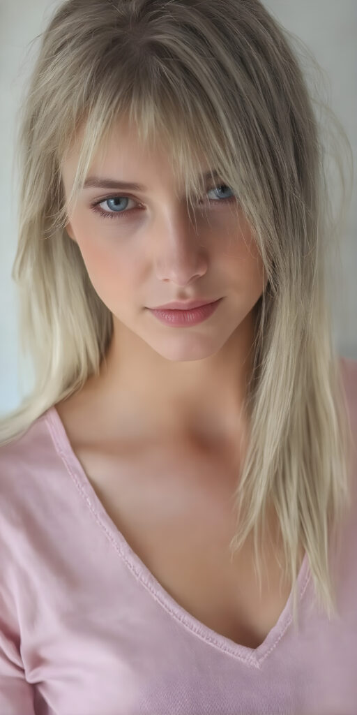 A stunningly realistic (((close-up portrait))), capturing a beautiful petite teen girl with straight long soft hair, looking seductive and smile. Her face exudes a unique combination of sharp features, with high cheekbones, almond-shaped eyes, and a soft, almost translucent complexion. The girl is wearing a light pink plain t-shirt with a deep v-neck, that accentuates her toned figure. She's posed seductively, with one hand on her hip and the other holding a small luxurious mink coat, which is open. The coat is adorned with an elegant high collar, which is fully buttoned up. The mink fur is a soft light gray, with a very distinct pattern that looks like real fur. The fur has a nice shiny texture, which gives off a luxurious vibe. The girl has beautiful straight soft long white hair, which is very distinct among other breeds of dog.