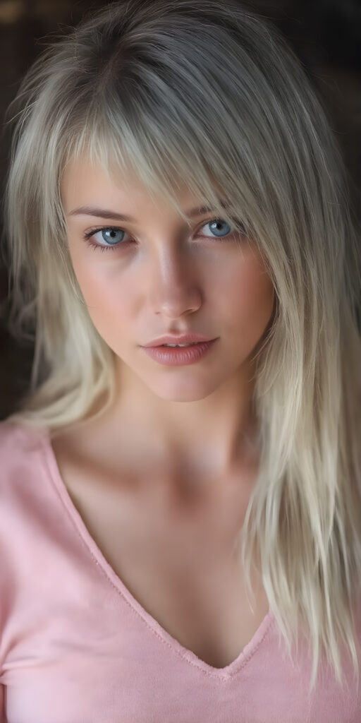 A stunningly realistic (((close-up portrait))), capturing a beautiful petite teen girl with straight long soft hair, looking seductive and smile. Her face exudes a unique combination of sharp features, with high cheekbones, almond-shaped eyes, and a soft, almost translucent complexion. The girl is wearing a light pink plain t-shirt with a deep v-neck, that accentuates her toned figure. She's posed seductively, with one hand on her hip and the other holding a small luxurious mink coat, which is open. The coat is adorned with an elegant high collar, which is fully buttoned up. The mink fur is a soft light gray, with a very distinct pattern that looks like real fur. The fur has a nice shiny texture, which gives off a luxurious vibe. The girl has beautiful straight soft long white hair, which is very distinct among other breeds of dog.
