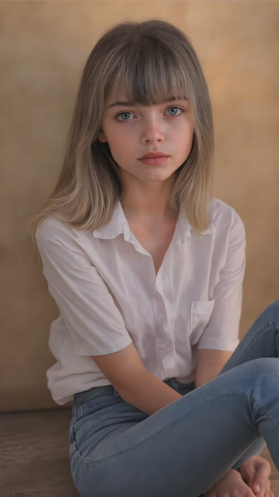 A stunningly realistic (((full body image))), capturing a beautifully detailed face with intricate patterns and textures. The scene is adorned with (((highly detailed bangs, crisp white shirt and jeans))), and a softly diffused (((muted sunset glow))) that adds a luxurious touch. The subject is a (((beautiful young attractive Exotic teen girl))) with a delicate (((smooth skin))), rosy cheeks, and (((adorable eyes))), paired with (((full length straight dark blond hair))), which flows elegantly around her face. She's posed in a (((sitting position))), with her feet poised gracefully on the ground, and her (((legs crossed))) softly diffused light highlights her (((skinny legs))), complemented by a (((tiny waist))) exuding a (((healthy youthful vibe))) with a ((multi-colored mix of greens, pinks, and purples)) hair that perfectly complements her advanced physical attributes.