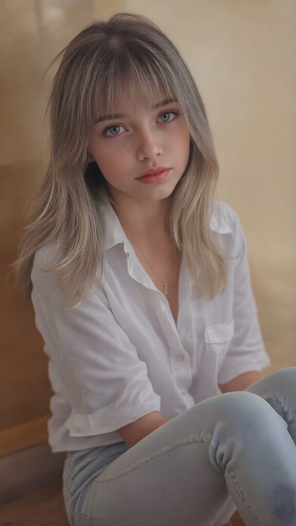 A stunningly realistic (((full body image))), capturing a beautifully detailed face with intricate patterns and textures. The scene is adorned with (((highly detailed bangs, crisp white shirt and jeans))), and a softly diffused (((muted sunset glow))) that adds a luxurious touch. The subject is a (((beautiful young attractive Exotic teen girl))) with a delicate (((smooth skin))), rosy cheeks, and (((adorable eyes))), paired with (((full length straight dark blond hair))), which flows elegantly around her face. She's posed in a (((sitting position))), with her feet poised gracefully on the ground, and her (((legs crossed))) softly diffused light highlights her (((skinny legs))), complemented by a (((tiny waist))) exuding a (((healthy youthful vibe))) with a ((multi-colored mix of greens, pinks, and purples)) hair that perfectly complements her advanced physical attributes.