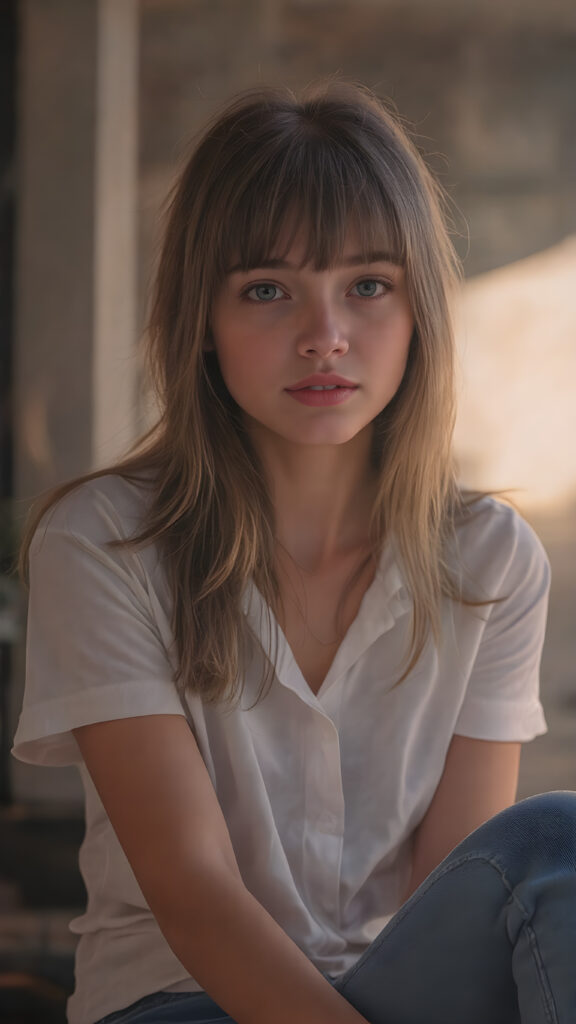 A stunningly realistic (((full body image))), capturing a beautifully detailed face with intricate patterns and textures. The scene is adorned with (((highly detailed bangs, crisp white shirt and jeans))), and a softly diffused (((muted sunset glow))) that adds a luxurious touch. The subject is a (((beautiful young attractive Exotic teen girl))) with a delicate (((smooth skin))), rosy cheeks, and (((adorable eyes))), paired with (((full length straight dark blond hair))), which flows elegantly around her face. She's posed in a (((sitting position))), with her feet poised gracefully on the ground, and her (((legs crossed))) softly diffused light highlights her (((skinny legs))), complemented by a (((tiny waist))) exuding a (((healthy youthful vibe))) with a ((multi-colored mix of greens, pinks, and purples)) hair that perfectly complements her advanced physical attributes.