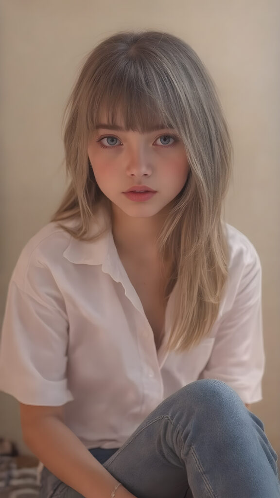 A stunningly realistic (((full body image))), capturing a beautifully detailed face with intricate patterns and textures. The scene is adorned with (((highly detailed bangs, crisp white shirt and jeans))), and a softly diffused (((muted sunset glow))) that adds a luxurious touch. The subject is a (((beautiful young attractive Exotic teen girl))) with a delicate (((smooth skin))), rosy cheeks, and (((adorable eyes))), paired with (((full length straight dark blond hair))), which flows elegantly around her face. She's posed in a (((sitting position))), with her feet poised gracefully on the ground, and her (((legs crossed))) softly diffused light highlights her (((skinny legs))), complemented by a (((tiny waist))) exuding a (((healthy youthful vibe))) with a ((multi-colored mix of greens, pinks, and purples)) hair that perfectly complements her advanced physical attributes.