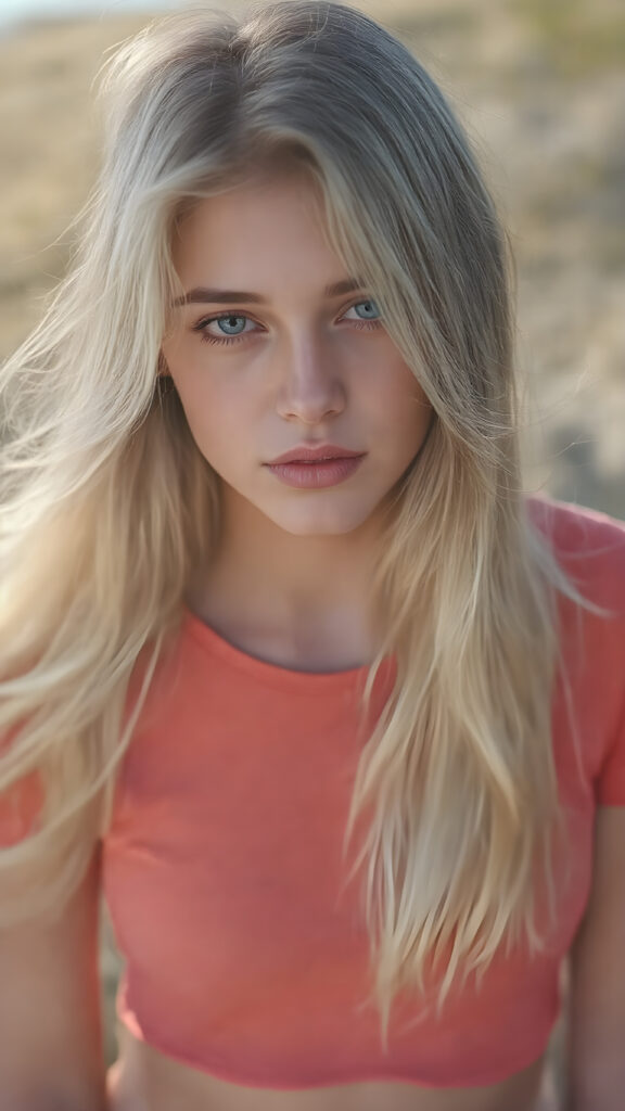 A stunningly realistic (((full body photograph))), capturing a (((beautiful teen girls))) in a warm, summer breeze with her long, flowing white hair cascading down in a (sunny glow), accompanied by (perfectly shaped, almond-like eyes) giving off a youthful and innocent vibe. Her lips are full and painted in a (bright red hue), perfectly symmetrical and perfectly aligned. She's clad in an (extremely tight and very short t-shirt) and (very tight and flared out, long and delicate (short shorts) that give off a (cool, windswept vibe). The scene is framed from a slightly above eye level, showcasing the full body and the (distinctive patterns and hues) of the clothing. She has a (clearly drawn face), with a perfect symmetry that draws the eye in. The image exudes a (soft glow) and a (high level of detail) reminiscent of an (Ultra High Definition, 8K) visual image, evoking the essence of summer and the beauty of a (realistic, youthful model) in a (perfectly drawn pose).