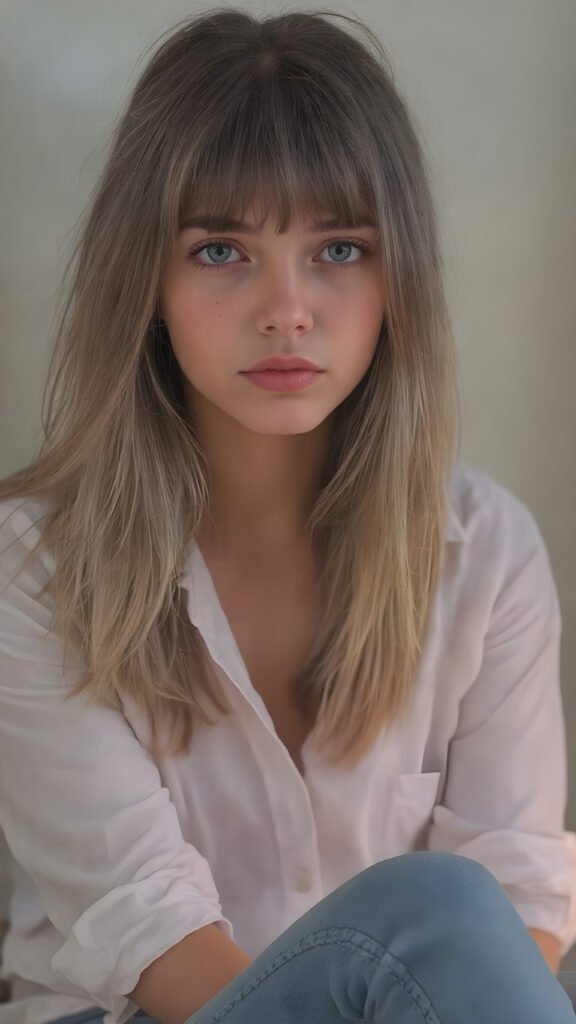 A stunningly realistic (((full body image))), capturing a beautifully detailed face with intricate patterns and textures. The scene is adorned with (((highly detailed bangs, crisp white shirt and jeans))), and a softly diffused (((muted sunset glow))) that adds a luxurious touch. The subject is a (((beautiful young attractive Exotic teen girl))) with a delicate (((smooth skin))), rosy cheeks, and (((adorable eyes))), paired with (((full length straight dark blond hair))), which flows elegantly around her face. She's posed in a (((sitting position))), with her feet poised gracefully on the ground, and her (((legs crossed))) softly diffused light highlights her (((skinny legs))), complemented by a (((tiny waist))) exuding a (((healthy youthful vibe))) with a ((multi-colored mix of greens, pinks, and purples)) hair that perfectly complements her advanced physical attributes.