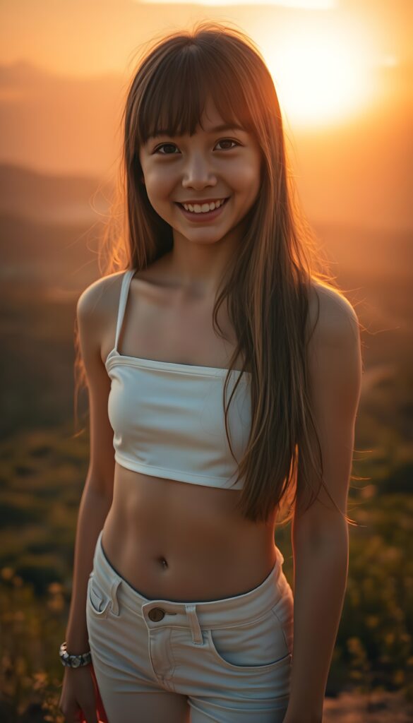 A stunningly vibrant scene captures a young teenage girl with long, soft open straight hair and charming bangs, her radiant smile illuminating her angelic face. She stands atop a hill, bathed in the warm, golden hues of the setting sun, her white, silky crop top and tight, super-short jeans accentuating her graceful figure. You can see her belly button. The background is a breathtaking blend of rich orange and pink skies, with distant silhouettes of mountains and lush greenery, creating a serene and picturesque landscape. The lighting emphasizes her delicate features and the soft texture of her hair, making this a truly enchanting and memorable portrait.