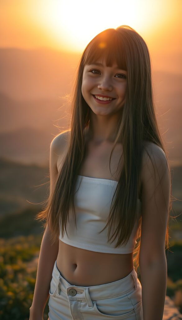 A stunningly vibrant scene captures a young teenage girl with long, soft open straight hair and charming bangs, her radiant smile illuminating her angelic face. She stands atop a hill, bathed in the warm, golden hues of the setting sun, her white, silky crop top and tight, super-short jeans accentuating her graceful figure. You can see her belly button. The background is a breathtaking blend of rich orange and pink skies, with distant silhouettes of mountains and lush greenery, creating a serene and picturesque landscape. The lighting emphasizes her delicate features and the soft texture of her hair, making this a truly enchanting and memorable portrait.