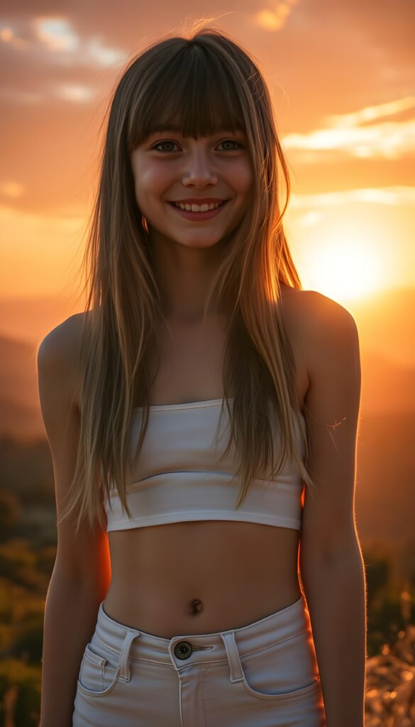 A stunningly vibrant scene captures a young teenage girl with long, soft open straight hair and charming bangs, her radiant smile illuminating her angelic face. She stands atop a hill, bathed in the warm, golden hues of the setting sun, her white, silky crop top and tight, super-short jeans accentuating her graceful figure. You can see her belly button. The background is a breathtaking blend of rich orange and pink skies, with distant silhouettes of mountains and lush greenery, creating a serene and picturesque landscape. The lighting emphasizes her delicate features and the soft texture of her hair, making this a truly enchanting and memorable portrait.