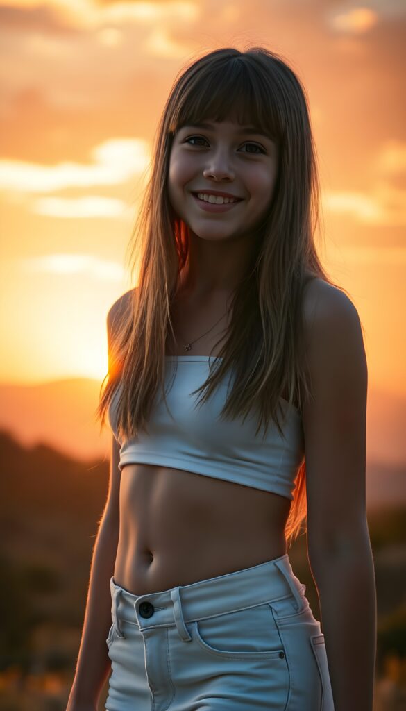 A stunningly vibrant scene captures a young teenage girl with long, soft open straight hair and charming bangs, her radiant smile illuminating her angelic face. She stands atop a hill, bathed in the warm, golden hues of the setting sun, her white, silky crop top and tight, super-short jeans accentuating her graceful figure. You can see her belly button. The background is a breathtaking blend of rich orange and pink skies, with distant silhouettes of mountains and lush greenery, creating a serene and picturesque landscape. The lighting emphasizes her delicate features and the soft texture of her hair, making this a truly enchanting and memorable portrait.