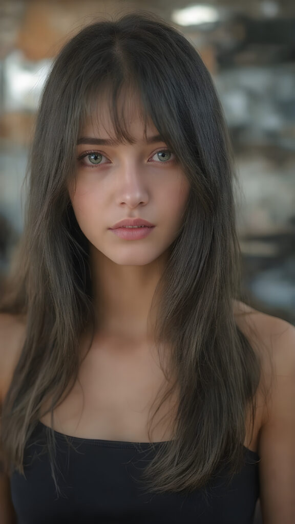 A (((super cute and stunning e-girl))) in 1977, with flowing black hair that gracefully frames her face, dressed in a sleek and form-fitting clothes that accentuates her feminine curves. Her features are exquisite, with (vividly green eyes) that sparkle with an air of sophistication and endearment. Her skin is fair and flawless, with a natural glow that enhances her features. She exudes an air of confidence and poise, as if she is effortlessly beautiful, she stands out not only for her appearance but also for her playful and warm expression, making her even more adorable and captivating.