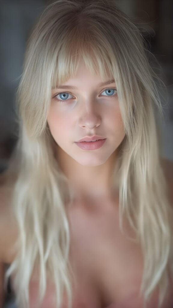 A (((super cute girl))), with (((long, straight white hair))) and (((a smooth, round face))) that exudes an air of (seduction), dressed in a (short, tight, thin silk dress) that perfectly complements her figure, accentuating her slender, yet (full figure) that gives off an unmistakable glow of (stunning beauty). Her eyes are ((blue and piercingly vivid)) with a (distinctive light blue hue) that draws you in. She possesses an ethereal beauty that defies description, with her (extremely long, wavy locks) cascading down her back like a waterfall of silk, contrasting against her (petite, almost translucent waist) that sits at about the same height as her hips. The image is captured at the moment her gaze is the most captivating, with the camera's focus fixed on her face, full body view. The scene is (softly backlit) with a (warm, soft focus) that draws the viewer in, emphasizing her (natural, perfect beauty).