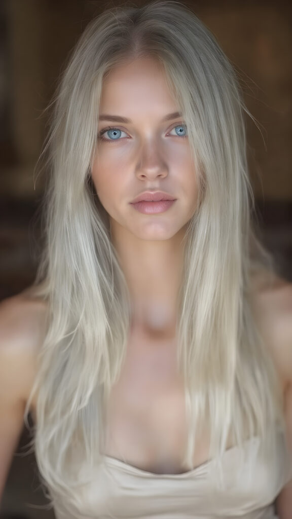 A (((super cute girl))), with (((long, straight white hair))) and (((a smooth, round face))) that exudes an air of (seduction), dressed in a (short, tight, thin silk dress) that perfectly complements her figure, accentuating her slender, yet (full figure) that gives off an unmistakable glow of (stunning beauty). Her eyes are ((blue and piercingly vivid)) with a (distinctive light blue hue) that draws you in. She possesses an ethereal beauty that defies description, with her (extremely long, wavy locks) cascading down her back like a waterfall of silk, contrasting against her (petite, almost translucent waist) that sits at about the same height as her hips. The image is captured at the moment her gaze is the most captivating, with the camera's focus fixed on her face, full body view. The scene is (softly backlit) with a (warm, soft focus) that draws the viewer in, emphasizing her (natural, perfect beauty).
