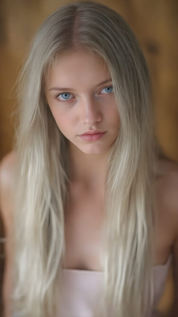 A (((super cute girl))), with (((long, straight white hair))) and (((a smooth, round face))) that exudes an air of (seduction), dressed in a (short, tight, thin silk dress) that perfectly complements her figure, accentuating her slender, yet (full figure) that gives off an unmistakable glow of (stunning beauty). Her eyes are ((blue and piercingly vivid)) with a (distinctive light blue hue) that draws you in. She possesses an ethereal beauty that defies description, with her (extremely long, wavy locks) cascading down her back like a waterfall of silk, contrasting against her (petite, almost translucent waist) that sits at about the same height as her hips. The image is captured at the moment her gaze is the most captivating, with the camera's focus fixed on her face, full body view. The scene is (softly backlit) with a (warm, soft focus) that draws the viewer in, emphasizing her (natural, perfect beauty).