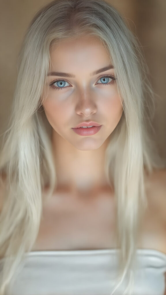 A (((super cute girl))), with (((long, straight white hair))) and (((a smooth, round face))) that exudes an air of (seduction), dressed in a (short, tight, thin silk dress) that perfectly complements her figure, accentuating her slender, yet (full figure) that gives off an unmistakable glow of (stunning beauty). Her eyes are ((blue and piercingly vivid)) with a (distinctive light blue hue) that draws you in. She possesses an ethereal beauty that defies description, with her (extremely long, wavy locks) cascading down her back like a waterfall of silk, contrasting against her (petite, almost translucent waist) that sits at about the same height as her hips. The image is captured at the moment her gaze is the most captivating, with the camera's focus fixed on her face, full body view. The scene is (softly backlit) with a (warm, soft focus) that draws the viewer in, emphasizing her (natural, perfect beauty).