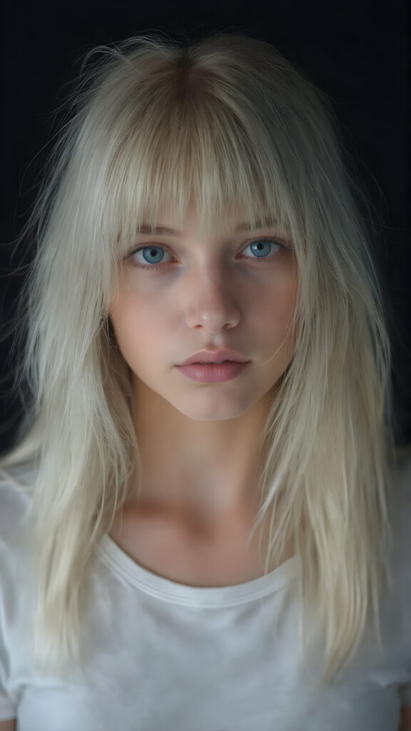 A (((super realistic and hyper detailed full body portrait))), featuring a (((beautiful young well busty teen girl))) with (((extremely long, straight, thick and untucked platinum white hair))), which flows down beautifully, paired with (((full, round and plump lips))), and (((natural, light and bright eyes))), that are (((perfectly symmetrically aligned))), (((against a dark background))) The girl is dressed in a (((very thin and tight (white T-shirt, deep neck)))), that shows off her (((perfect body))), and (((beautifully posed hands))) that frame her face perfectly, with (((pale skin))), that exudes an air of (((extreme realism and extreme detail))), as if captured in a (((professional studio environment))), for a (((high-resolution, 8K photograph))), with (((soft, warm lighting))) accentuating her features and the overall image quality