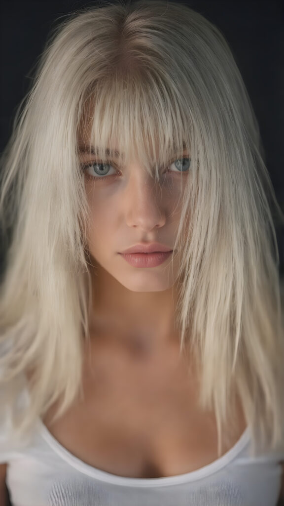 A (((super realistic and hyper detailed full body portrait))), featuring a (((beautiful young well busty teen girl))) with (((extremely long, straight, thick and untucked platinum white hair))), which flows down beautifully, paired with (((full, round and plump lips))), and (((natural, light and bright eyes))), that are (((perfectly symmetrically aligned))), (((against a dark background))) The girl is dressed in a (((very thin and tight (white T-shirt, deep neck)))), that shows off her (((perfect body))), and (((beautifully posed hands))) that frame her face perfectly, with (((pale skin))), that exudes an air of (((extreme realism and extreme detail))), as if captured in a (((professional studio environment))), for a (((high-resolution, 8K photograph))), with (((soft, warm lighting))) accentuating her features and the overall image quality