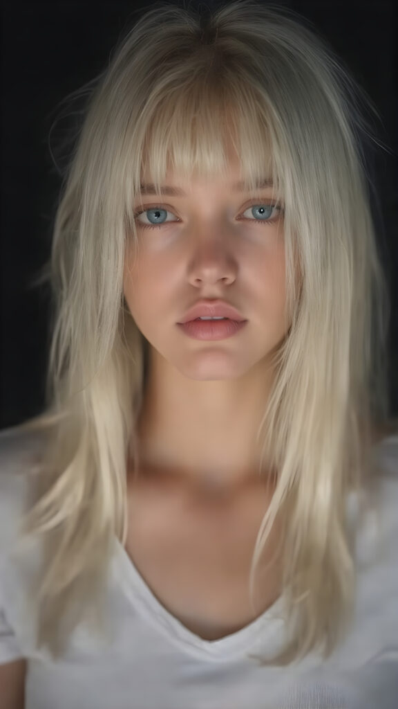 A (((super realistic and hyper detailed full body portrait))), featuring a (((beautiful young well busty teen girl))) with (((extremely long, straight, thick and untucked platinum white hair))), which flows down beautifully, paired with (((full, round and plump lips))), and (((natural, light and bright eyes))), that are (((perfectly symmetrically aligned))), (((against a dark background))) The girl is dressed in a (((very thin and tight (white T-shirt, deep neck)))), that shows off her (((perfect body))), and (((beautifully posed hands))) that frame her face perfectly, with (((pale skin))), that exudes an air of (((extreme realism and extreme detail))), as if captured in a (((professional studio environment))), for a (((high-resolution, 8K photograph))), with (((soft, warm lighting))) accentuating her features and the overall image quality