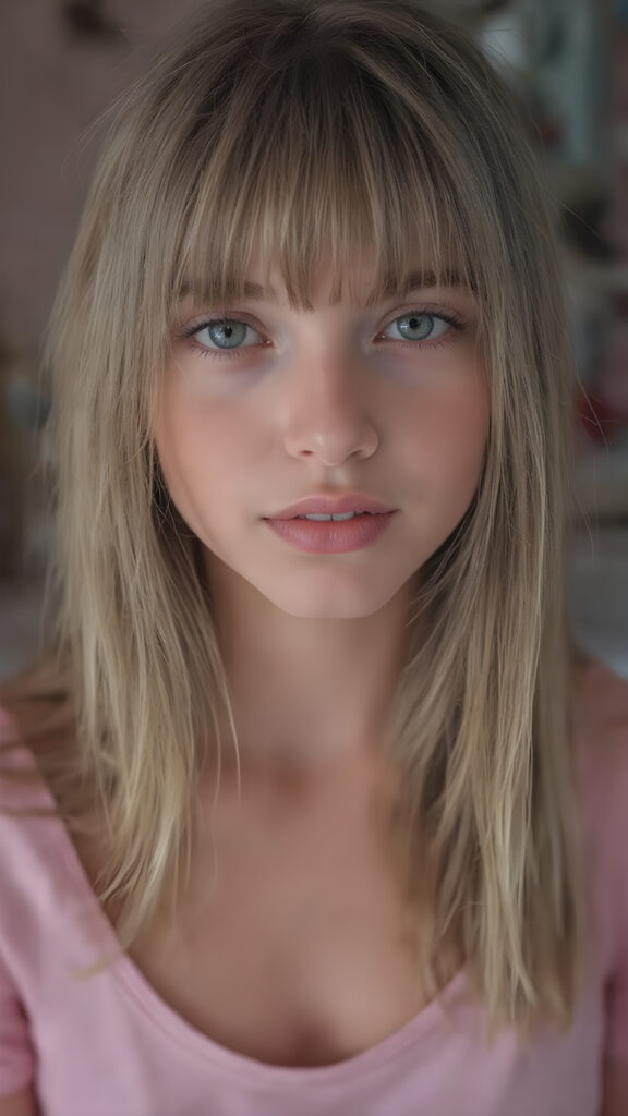 A (((super realistic detailed photograph))), capturing a (((beautiful young teen girl))) with (((extremely long, straight light brown hair))), and (((light brown eyes))) with (((brightly shiny and distinctly pointed bangs))), wearing a (((deep neckline loose thin strap cotton t-shirt))), that's (((open at the top, revealing an incredibly beautiful full plump thick and perfectly shaped lips))), accessorized with (((brightly colored fashion accessories))) that match her (((extremely detailed and perfectly rendered features))). She looks (((extremely happy and extremely beautiful))), full body view, focus on her face and upper body, in a bedroom with a (((super realistic, high resolution and high detail))) backdrop, (((backlit with a front fill light))), which brings out her (((extreme detail and color vibrancy))).