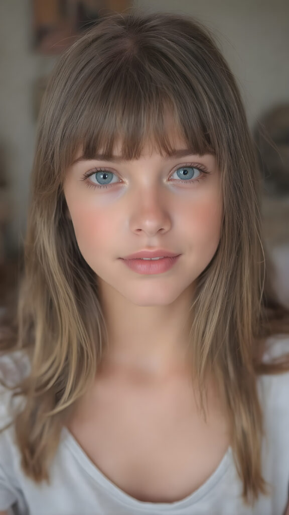 A (((super realistic detailed photograph))), capturing a (((beautiful young teen girl))) with (((extremely long, straight light brown hair))), and (((light brown eyes))) with (((brightly shiny and distinctly pointed bangs))), wearing a (((deep neckline loose thin strap cotton t-shirt))), that's (((open at the top, revealing an incredibly beautiful full plump thick and perfectly shaped lips))), accessorized with (((brightly colored fashion accessories))) that match her (((extremely detailed and perfectly rendered features))). She looks (((extremely happy and extremely beautiful))), full body view, focus on her face and upper body, in a bedroom with a (((super realistic, high resolution and high detail))) backdrop, (((backlit with a front fill light))), which brings out her (((extreme detail and color vibrancy))).
