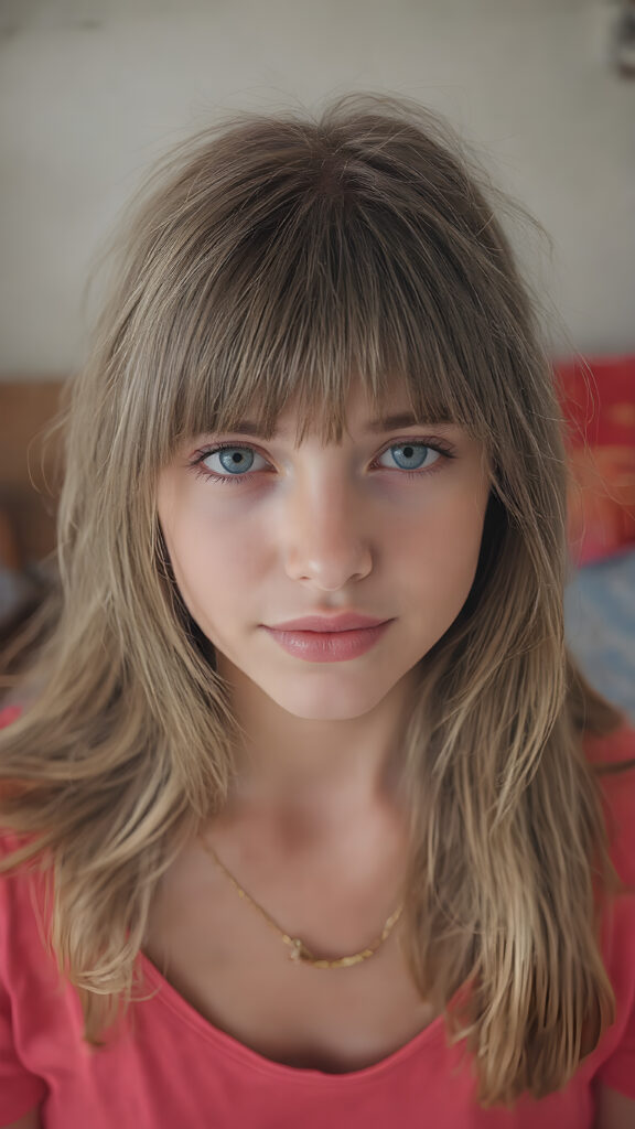 A (((super realistic detailed photograph))), capturing a (((beautiful young teen girl))) with (((extremely long, straight light brown hair))), and (((light brown eyes))) with (((brightly shiny and distinctly pointed bangs))), wearing a (((deep neckline loose thin strap cotton t-shirt))), that's (((open at the top, revealing an incredibly beautiful full plump thick and perfectly shaped lips))), accessorized with (((brightly colored fashion accessories))) that match her (((extremely detailed and perfectly rendered features))). She looks (((extremely happy and extremely beautiful))), full body view, focus on her face and upper body, in a bedroom with a (((super realistic, high resolution and high detail))) backdrop, (((backlit with a front fill light))), which brings out her (((extreme detail and color vibrancy))).