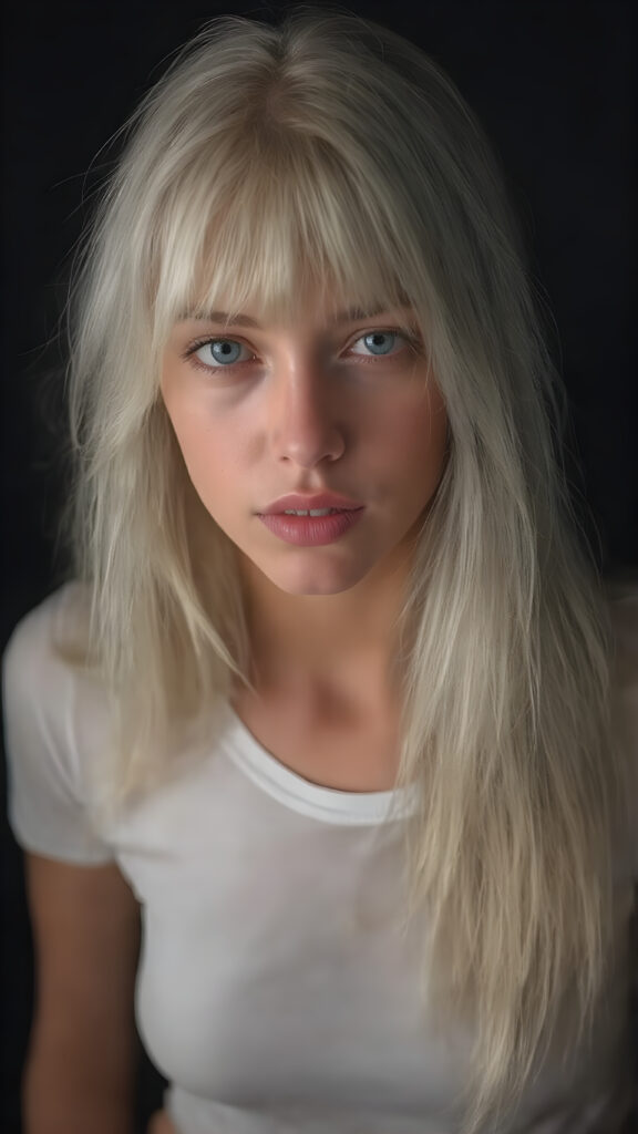 A (((super realistic and hyper detailed full body portrait))), featuring a (((beautiful young well busty teen girl))) with (((extremely long, straight, thick and untucked platinum white hair))), which flows down beautifully, paired with (((full, round and plump lips))), and (((natural, light and bright eyes))), that are (((perfectly symmetrically aligned))), (((against a dark background))) The girl is dressed in a (((very thin and tight (white T-shirt, deep neck)))), that shows off her (((perfect body))), and (((beautifully posed hands))) that frame her face perfectly, with (((pale skin))), that exudes an air of (((extreme realism and extreme detail))), as if captured in a (((professional studio environment))), for a (((high-resolution, 8K photograph))), with (((soft, warm lighting))) accentuating her features and the overall image quality