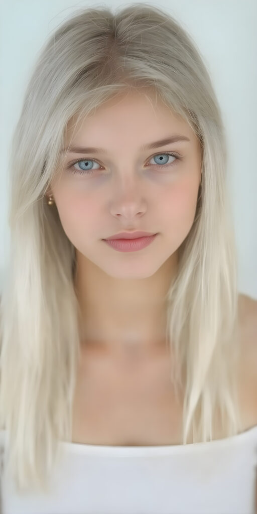 A (((super realistic and high quality portrait))), captured at an 8K resolution, of a (((beautiful young teen girl))) with ((long, soft platinum white hair)) and ((full, defined lips)), dressed in a ((thin, cropped top)) and ((short, cropped pants)), that really flatters her slender, yet perfectly proportioned figure. The camera captures her looking sweetly into the lens, with ((natural skin)) on her face and ((bright, cheerful eyes)) that really stand out against her ((softly backlit)) hair and ((detailed, matching earrings)) and ((perfectly symmetrical lips)) for a really flawless look