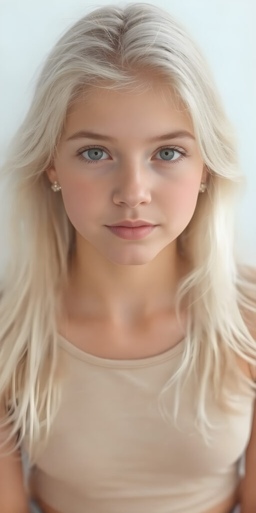 A (((super realistic and high quality portrait))), captured at an 8K resolution, of a (((beautiful young teen girl))) with ((long, soft platinum white hair)) and ((full, defined lips)), dressed in a ((thin, cropped top)) and ((short, cropped pants)), that really flatters her slender, yet perfectly proportioned figure. The camera captures her looking sweetly into the lens, with ((natural skin)) on her face and ((bright, cheerful eyes)) that really stand out against her ((softly backlit)) hair and ((detailed, matching earrings)) and ((perfectly symmetrical lips)) for a really flawless look