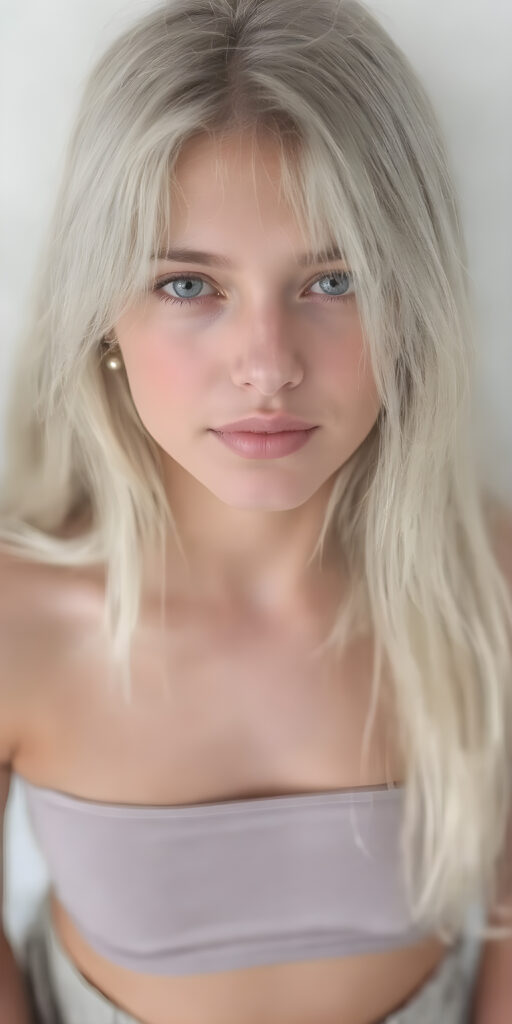 A (((super realistic and high quality portrait))), captured at an 8K resolution, of a (((beautiful young teen girl))) with ((long, soft platinum white hair)) and ((full, defined lips)), dressed in a ((thin, cropped top)) and ((short, cropped pants)), that really flatters her slender, yet perfectly proportioned figure. The camera captures her looking sweetly into the lens, with ((natural skin)) on her face and ((bright, cheerful eyes)) that really stand out against her ((softly backlit)) hair and ((detailed, matching earrings)) and ((perfectly symmetrical lips)) for a really flawless look