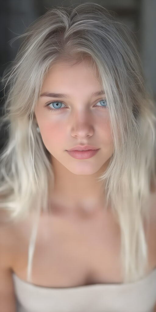 A (((super realistic and high quality portrait))), captured at an 8K resolution, of a (((beautiful young teen girl))) with ((long, soft platinum white hair)) and ((full, defined lips)), dressed in a ((thin, cropped top)) and ((short, cropped pants)), that really flatters her slender, yet perfectly proportioned figure. The camera captures her looking sweetly into the lens, with ((natural skin)) on her face and ((bright, cheerful eyes)) that really stand out against her ((softly backlit)) hair and ((detailed, matching earrings)) and ((perfectly symmetrical lips)) for a really flawless look