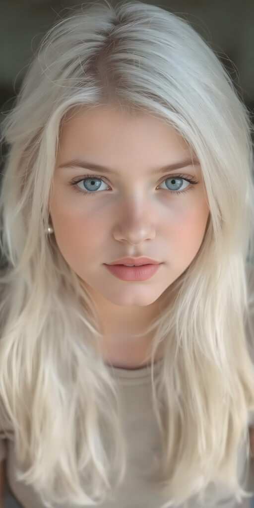 A (((super realistic and high quality portrait))), captured at an 8K resolution, of a (((beautiful young teen girl))) with ((long, soft platinum white hair)) and ((full, defined lips)), dressed in a ((thin, cropped top)) and ((short, cropped pants)), that really flatters her slender, yet perfectly proportioned figure. The camera captures her looking sweetly into the lens, with ((natural skin)) on her face and ((bright, cheerful eyes)) that really stand out against her ((softly backlit)) hair and ((detailed, matching earrings)) and ((perfectly symmetrical lips)) for a really flawless look