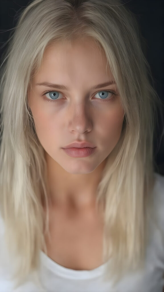 A (((super realistic and hyper detailed full body portrait))), featuring a (((beautiful young well busty teen girl))) with (((extremely long, straight, thick and untucked platinum white hair))), which flows down beautifully, paired with (((full, round and plump lips))), and (((natural, light and bright eyes))), that are (((perfectly symmetrically aligned))), (((against a dark background))) The girl is dressed in a (((very thin and tight (white T-shirt, deep neck)))), that shows off her (((perfect body))), and (((beautifully posed hands))) that frame her face perfectly, with (((pale skin))), that exudes an air of (((extreme realism and extreme detail))), as if captured in a (((professional studio environment))), for a (((high-resolution, 8K photograph))), with (((soft, warm lighting))) accentuating her features and the overall image quality