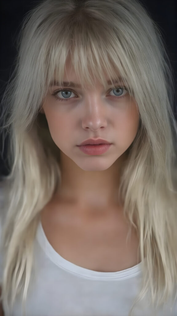 A (((super realistic and hyper detailed full body portrait))), featuring a (((beautiful young well busty teen girl))) with (((extremely long, straight, thick and untucked platinum white hair))), which flows down beautifully, paired with (((full, round and plump lips))), and (((natural, light and bright eyes))), that are (((perfectly symmetrically aligned))), (((against a dark background))) The girl is dressed in a (((very thin and tight (white T-shirt, deep neck)))), that shows off her (((perfect body))), and (((beautifully posed hands))) that frame her face perfectly, with (((pale skin))), that exudes an air of (((extreme realism and extreme detail))), as if captured in a (((professional studio environment))), for a (((high-resolution, 8K photograph))), with (((soft, warm lighting))) accentuating her features and the overall image quality