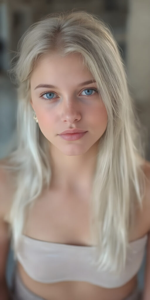 A (((super realistic and high quality portrait))), captured at an 8K resolution, of a (((beautiful young teen girl))) with ((long, soft platinum white hair)) and ((full, defined lips)), dressed in a ((thin, cropped top)) and ((short, cropped pants)), that really flatters her slender, yet perfectly proportioned figure. The camera captures her looking sweetly into the lens, with ((natural skin)) on her face and ((bright, cheerful eyes)) that really stand out against her ((softly backlit)) hair and ((detailed, matching earrings)) and ((perfectly symmetrical lips)) for a really flawless look