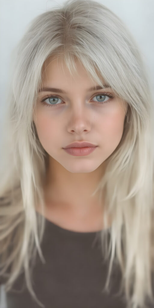 A (((super realistic and high quality portrait))), captured at an 8K resolution, of a (((beautiful young teen girl))) with ((long, soft platinum white hair)) and ((full, defined lips)), dressed in a ((thin, cropped top)) and ((short, cropped pants)), that really flatters her slender, yet perfectly proportioned figure. The camera captures her looking sweetly into the lens, with ((natural skin)) on her face and ((bright, cheerful eyes)) that really stand out against her ((softly backlit)) hair and ((detailed, matching earrings)) and ((perfectly symmetrical lips)) for a really flawless look