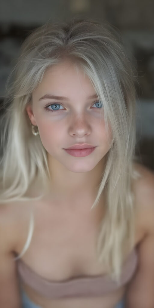 A (((super realistic and high quality portrait))), captured at an 8K resolution, of a (((beautiful young teen girl))) with ((long, soft platinum white hair)) and ((full, defined lips)), dressed in a ((thin, cropped top)) and ((short, cropped pants)), that really flatters her slender, yet perfectly proportioned figure. The camera captures her looking sweetly into the lens, with ((natural skin)) on her face and ((bright, cheerful eyes)) that really stand out against her ((softly backlit)) hair and ((detailed, matching earrings)) and ((perfectly symmetrical lips)) for a really flawless look