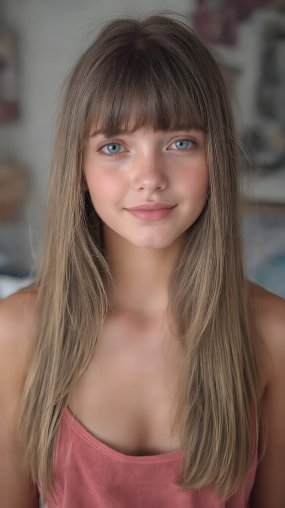 A (((super realistic detailed photograph))), capturing a (((beautiful young teen girl))) with (((extremely long, straight light brown hair))), and (((light brown eyes))) with (((brightly shiny and distinctly pointed bangs))), wearing a (((deep neckline loose thin strap cotton t-shirt))), that's (((open at the top, revealing an incredibly beautiful full plump thick and perfectly shaped lips))), accessorized with (((brightly colored fashion accessories))) that match her (((extremely detailed and perfectly rendered features))). She looks (((extremely happy and extremely beautiful))), full body view, focus on her face and upper body, in a bedroom with a (((super realistic, high resolution and high detail))) backdrop, (((backlit with a front fill light))), which brings out her (((extreme detail and color vibrancy))).