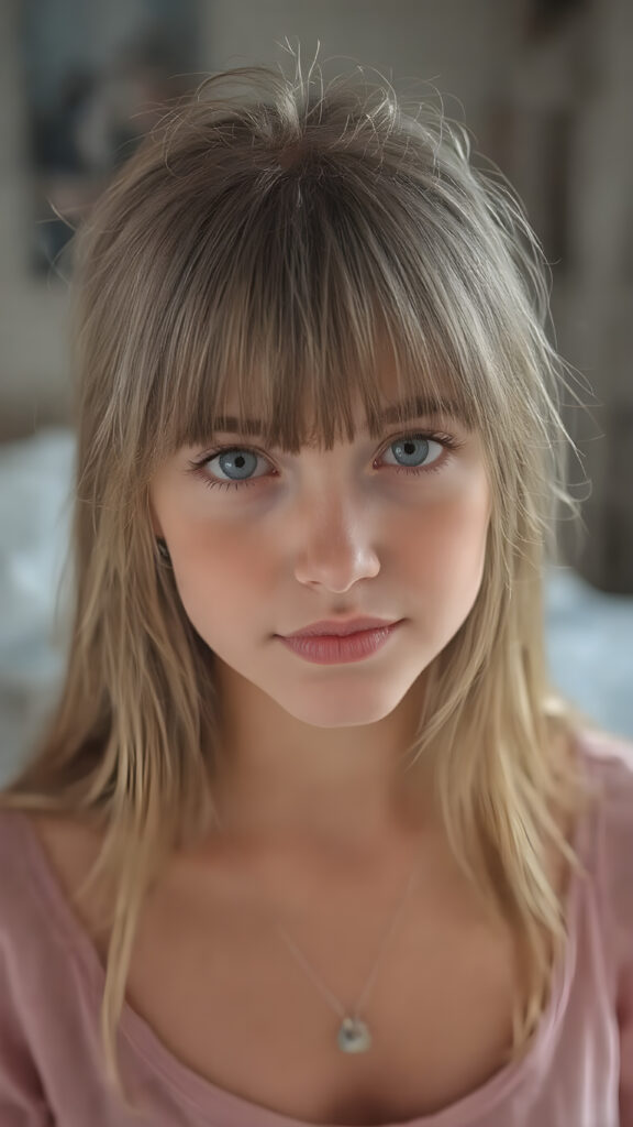 A (((super realistic detailed photograph))), capturing a (((beautiful young teen girl))) with (((extremely long, straight light brown hair))), and (((light brown eyes))) with (((brightly shiny and distinctly pointed bangs))), wearing a (((deep neckline loose thin strap cotton t-shirt))), that's (((open at the top, revealing an incredibly beautiful full plump thick and perfectly shaped lips))), accessorized with (((brightly colored fashion accessories))) that match her (((extremely detailed and perfectly rendered features))). She looks (((extremely happy and extremely beautiful))), full body view, focus on her face and upper body, in a bedroom with a (((super realistic, high resolution and high detail))) backdrop, (((backlit with a front fill light))), which brings out her (((extreme detail and color vibrancy))).