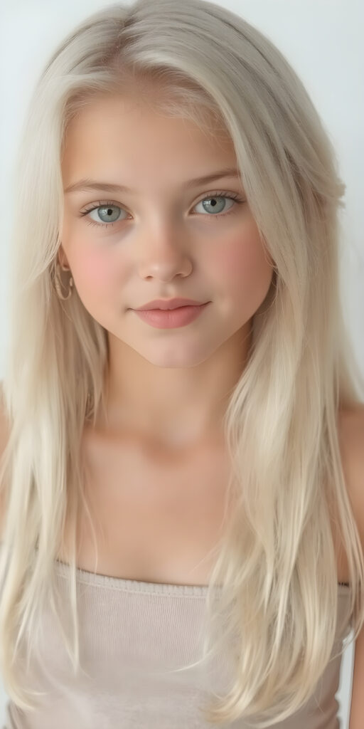 A (((super realistic and high quality portrait))), captured at an 8K resolution, of a (((beautiful young teen girl))) with ((long, soft platinum white hair)) and ((full, defined lips)), dressed in a ((thin, cropped top)) and ((short, cropped pants)), that really flatters her slender, yet perfectly proportioned figure. The camera captures her looking sweetly into the lens, with ((natural skin)) on her face and ((bright, cheerful eyes)) that really stand out against her ((softly backlit)) hair and ((detailed, matching earrings)) and ((perfectly symmetrical lips)) for a really flawless look