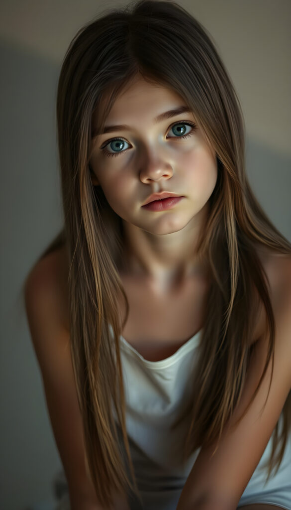 (upper body shot, seated) show me a innocent young girl, dark dressed, straight silky open fine hair, grey photo studio background