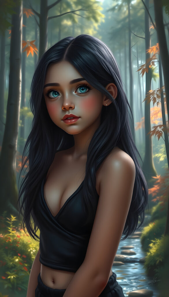 A super-realistic and detailed digital painting of a young girl with a medium silhouette standing in a lush, vibrant forest. Her obsidian-black hair is styled in long, straight waves, cascading over her shoulders. Her silver-white eyes sparkle with curiosity as she gazes into the distance. She has full, pouting lips and a soft, warm expression. Her fit figure is accentuated by a black, cropped spaghetti tank top with a deep v-neck. The background features a serene, sunlit forest with tall trees, colorful foliage, and a meandering stream, creating a magical and tranquil atmosphere. The lighting is soft and ethereal, enhancing the dreamlike quality of the scene.