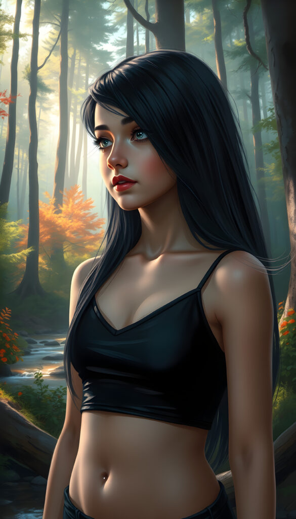 A super-realistic and detailed digital painting of a young girl with a medium silhouette standing in a lush, vibrant forest. Her obsidian-black hair is styled in long, straight waves, cascading over her shoulders. Her silver-white eyes sparkle with curiosity as she gazes into the distance. She has full, pouting lips and a soft, warm expression. Her fit figure is accentuated by a black, cropped spaghetti tank top with a deep v-neck. The background features a serene, sunlit forest with tall trees, colorful foliage, and a meandering stream, creating a magical and tranquil atmosphere. The lighting is soft and ethereal, enhancing the dreamlike quality of the scene.