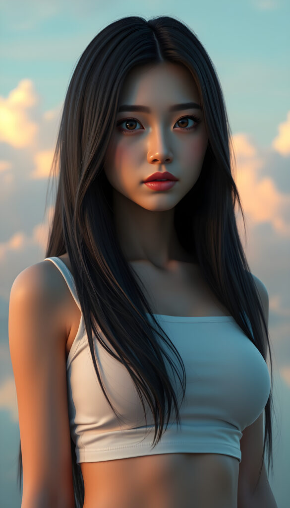 A super-realistic digital portrait of an adorable and stunning busty Asian girl with long, flowing, straight black hair cascading over her shoulders. Her eyes are wide and expressive, filled with a melancholic gaze that meets the camera. She is wearing a white short, tight tank top that accentuates her curves, highlighting her figure. The lighting is soft and warm, casting gentle shadows that add depth to her facial features and hair. The background is a dreamy, pastel-colored sky with soft clouds, creating a serene and introspective atmosphere. The overall style is hyper-detailed and vibrant, with a focus on capturing her emotional expression and the delicate play of light on her hair and clothing.